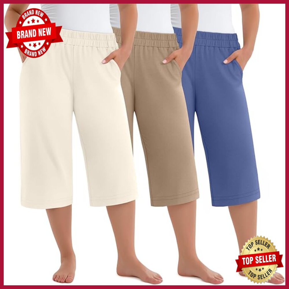 Plus Size High Waisted Wide Leg Cropped Sweatpants 3 Pack With Pockets